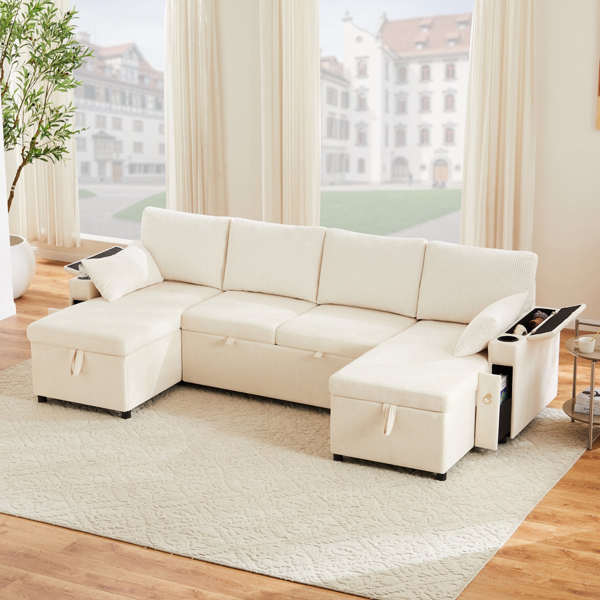 FloraGrace Slaapbank U Vorm Uitschuifbaar Met Opbergruimte En Dubbele Bekerhouders – Voor Woonkamer Of Logeerkamer – Chenille En Ribfluweel – Beige