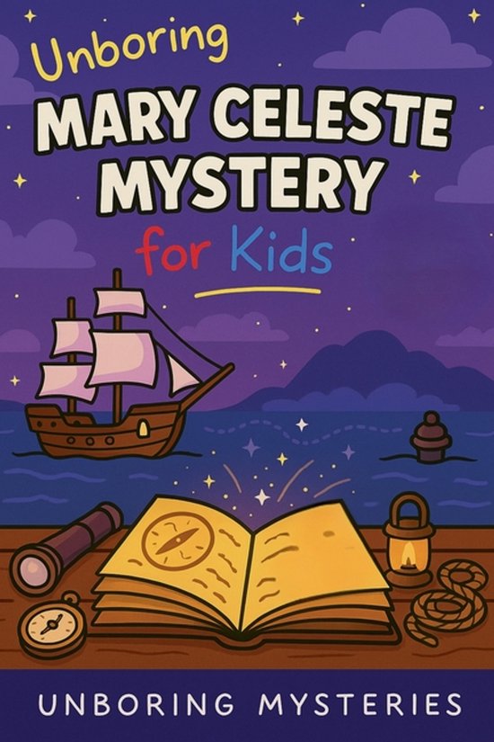 Boekcover 'Unboring Mary Celeste Mystery for Kids' met een schip, kompas, telescoop en lantaarn.
