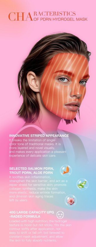 Een vrouw met een rood, gestreept hydrogelmasker, met tekst over de innovatieve gestreepte uitstraling, zalm PDRN en 40g formule.