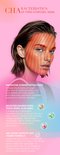 Een vrouw met een rood, gestreept hydrogelmasker, met tekst over de innovatieve gestreepte uitstraling, zalm PDRN en 40g formule.