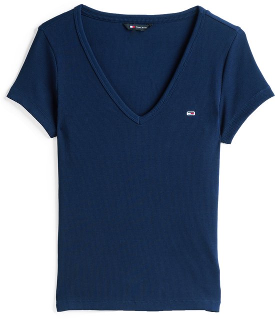 Donkerblauw, aansluitend ribgebreid T-shirt met V-hals en klein logo