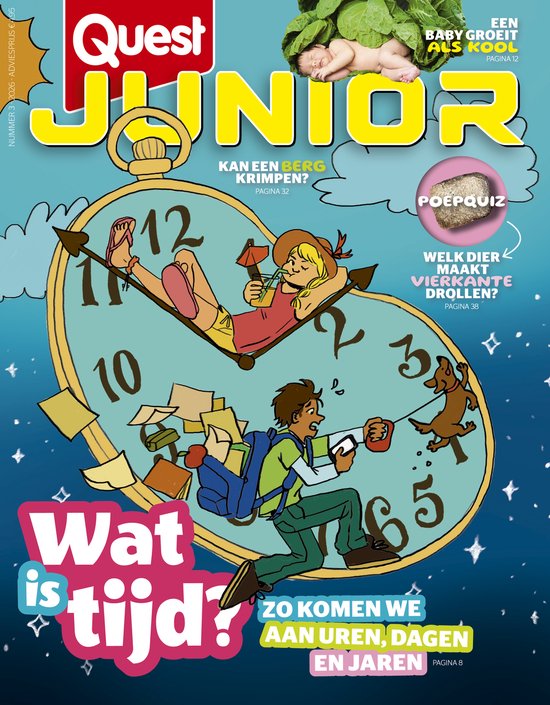Voorpagina Quest Junior met een klok, twee kinderen en een hond. "Wat is tijd?" staat er.