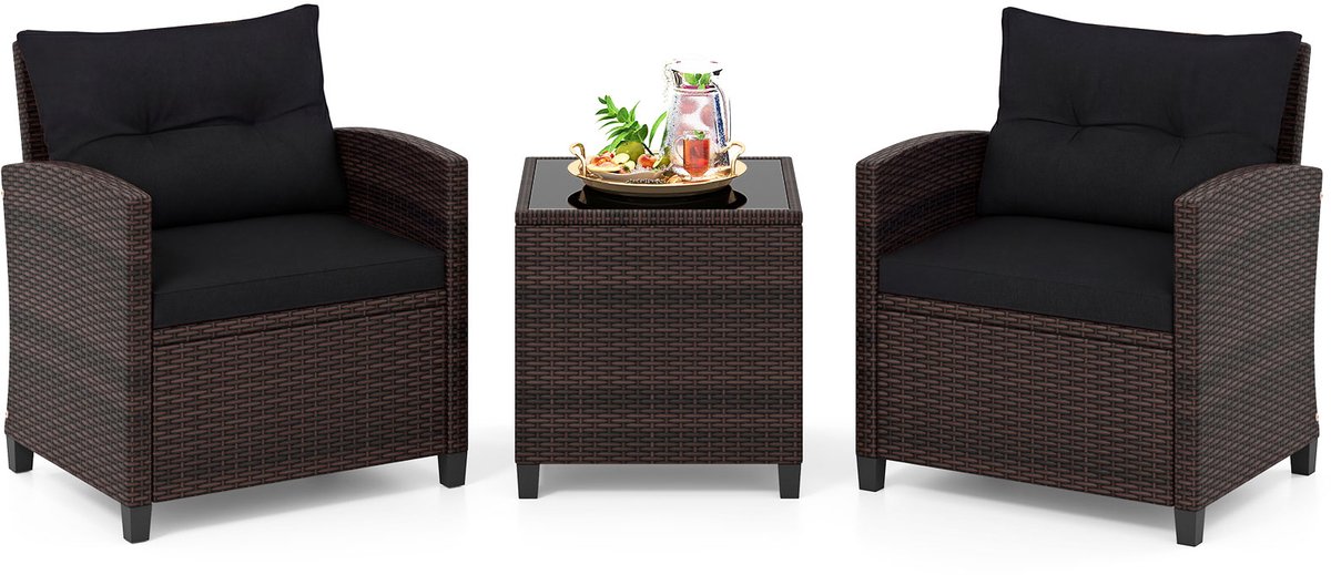COSTWAY 3-delige set rotan tuinmeubelen, polyrotan zitgroep, 2 stoelen & 1 bijzettafel, balkonmeubel, bistroset, tuingarnituur, tuinlounge tuinset incl. glasplaat & zitkussen, bruin