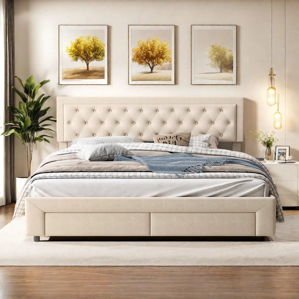 Opbergbed – Gestoffeerd Bed – Boxspringbed – Ladebed – Tweepersoonsbed – Beige 160 × 200 cm – Velours Bekleding – Ruime Opberglades Met Wieltjes