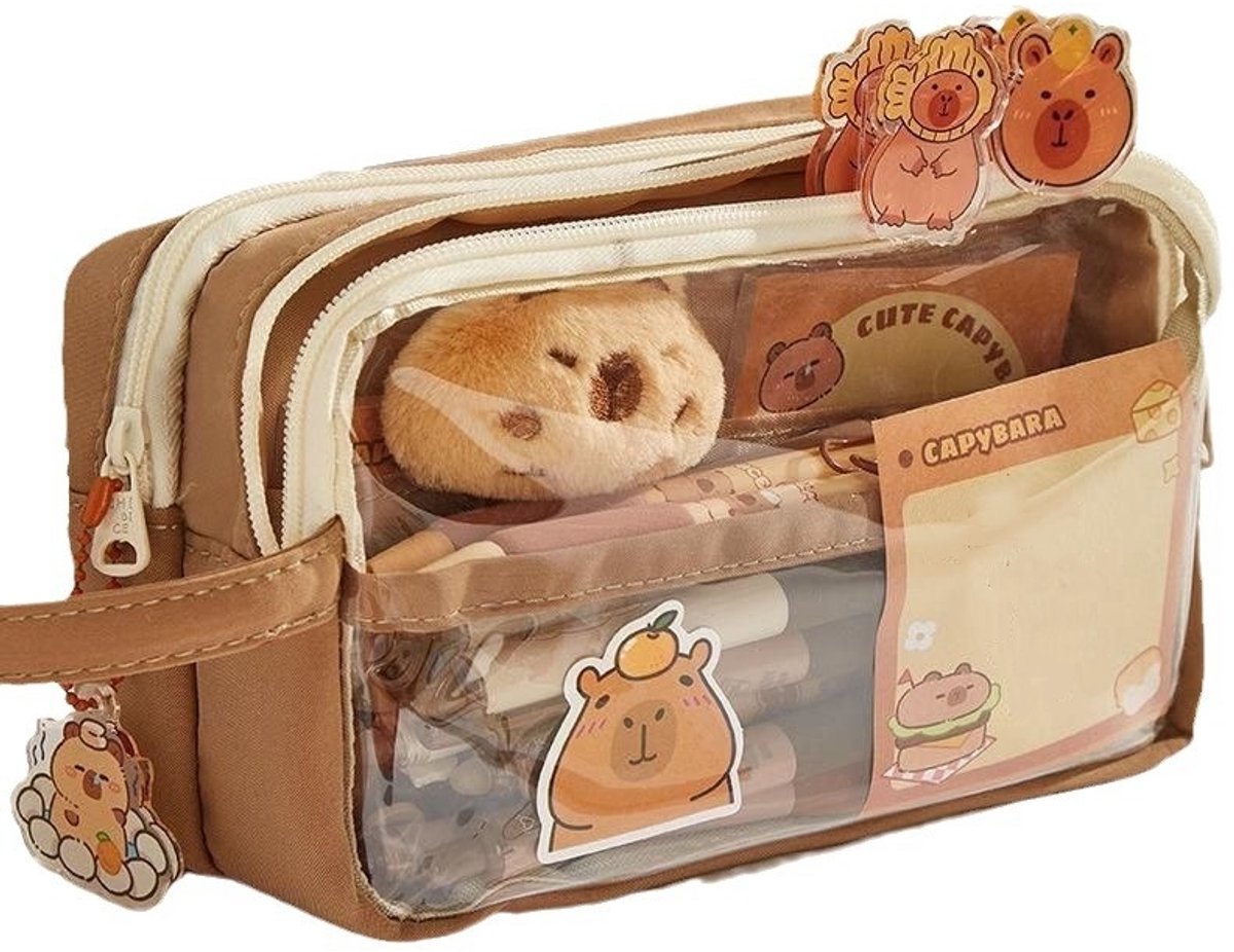 Grote Capaciteit Transparante Capibala Etui, Waterdichte Multi-Layer Etui, Met Capibala Pluche Pop Ornamenten En Stickers, Kantoorbenodigdheden Desktop Opbergdoos