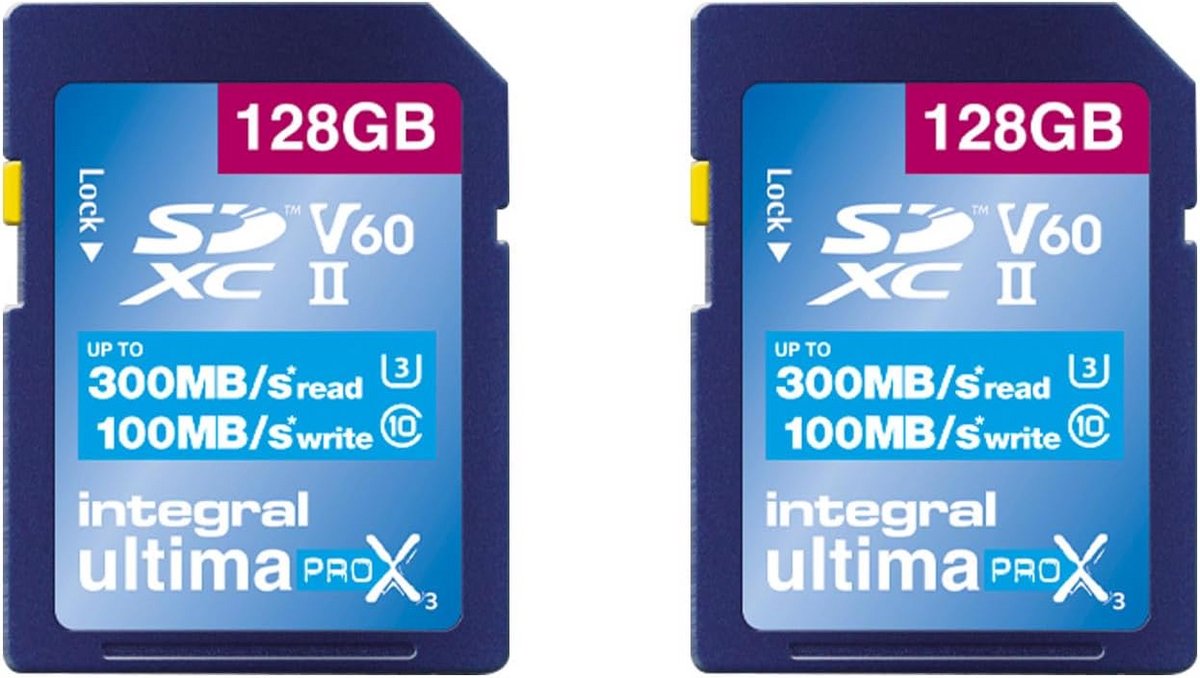2-Pack 128GB SDXC Geheugenkaart V60 UHS-II Hoge Snelheid (300MB/s Lezen)