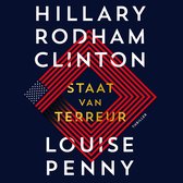 Boekcover met de titel 'Staat van Terreur' van Hillary Rodham Clinton en Louise Penny, met een rood-zwart ruitpatroon en de Amerikaanse vlag.