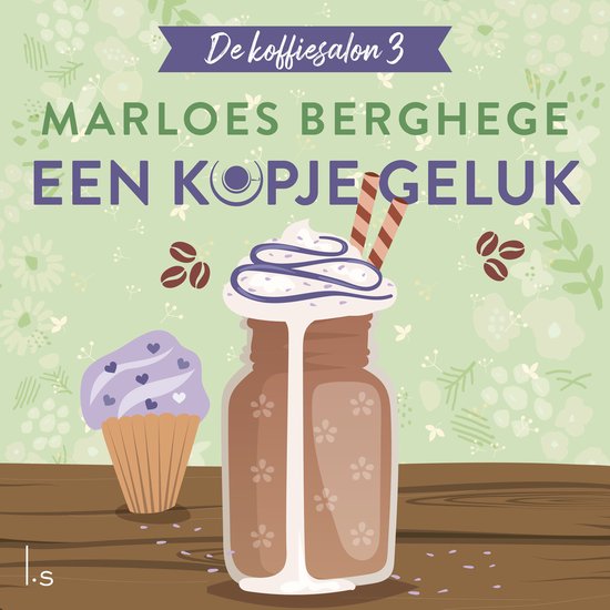 Boek "Een kopje geluk" van Marloes Berghege, met een illustratie van een mok met slagroom en een cupcake.