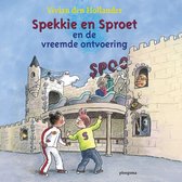 Boekkaft met tekening van twee kinderen voor een spookkasteel. Titel: Spekkie en Sproet en de vreemde ontvoering.