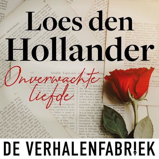 Open boek met tekst en een rode roos. Titel: "Onverwachte liefde".