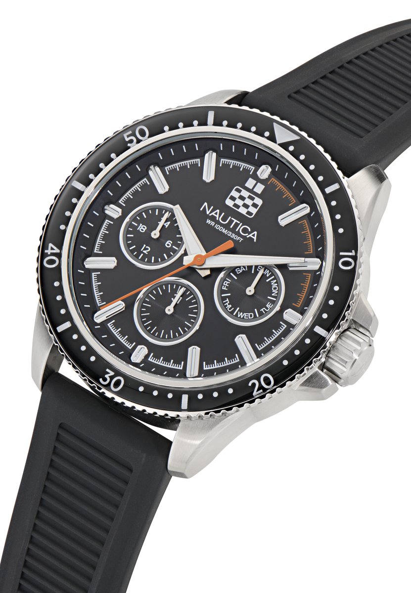 Nautica Nct Windrose Kwarts Analoog Horloge Zwart Kast: 100 % Roestvrij Staal | Band: 100 % Siliconen 46 mm NAPWRF401, NAPWRF402