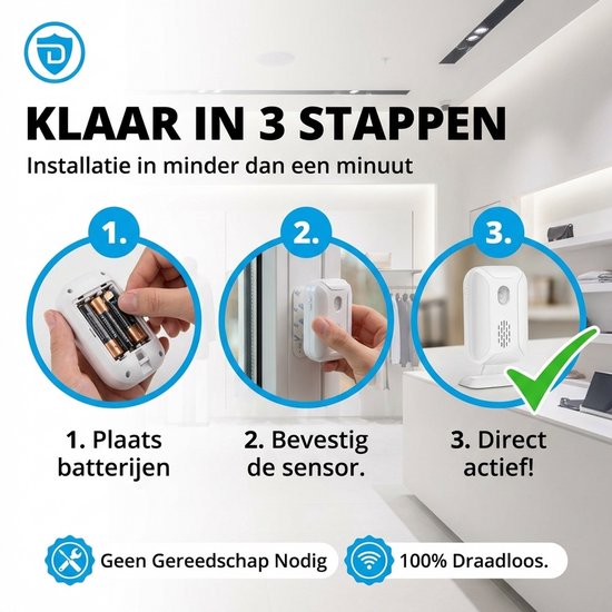 Drie stappen installatie: batterijen plaatsen, sensor bevestigen op raam, apparaat staat gereed. 'KLAAR IN 3 STAPPEN'. Iconen voor geen gereedschap en draadloos.