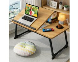 Lexorion Prakstisch Pro – Laptoptafel voor Bed en Bank – Inklapbare Bedtafel met 4-Niveaus Kantelstand – Lapdesk met Bekerhouder – Draagbare Laptoptafel 60×37×26 cm - Walnoot