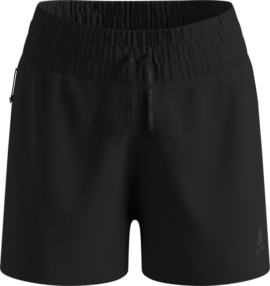 Zwarte Odlo hardloopshort voor dames met elastische tailleband en trekkoord. Logo op linkerbeen.