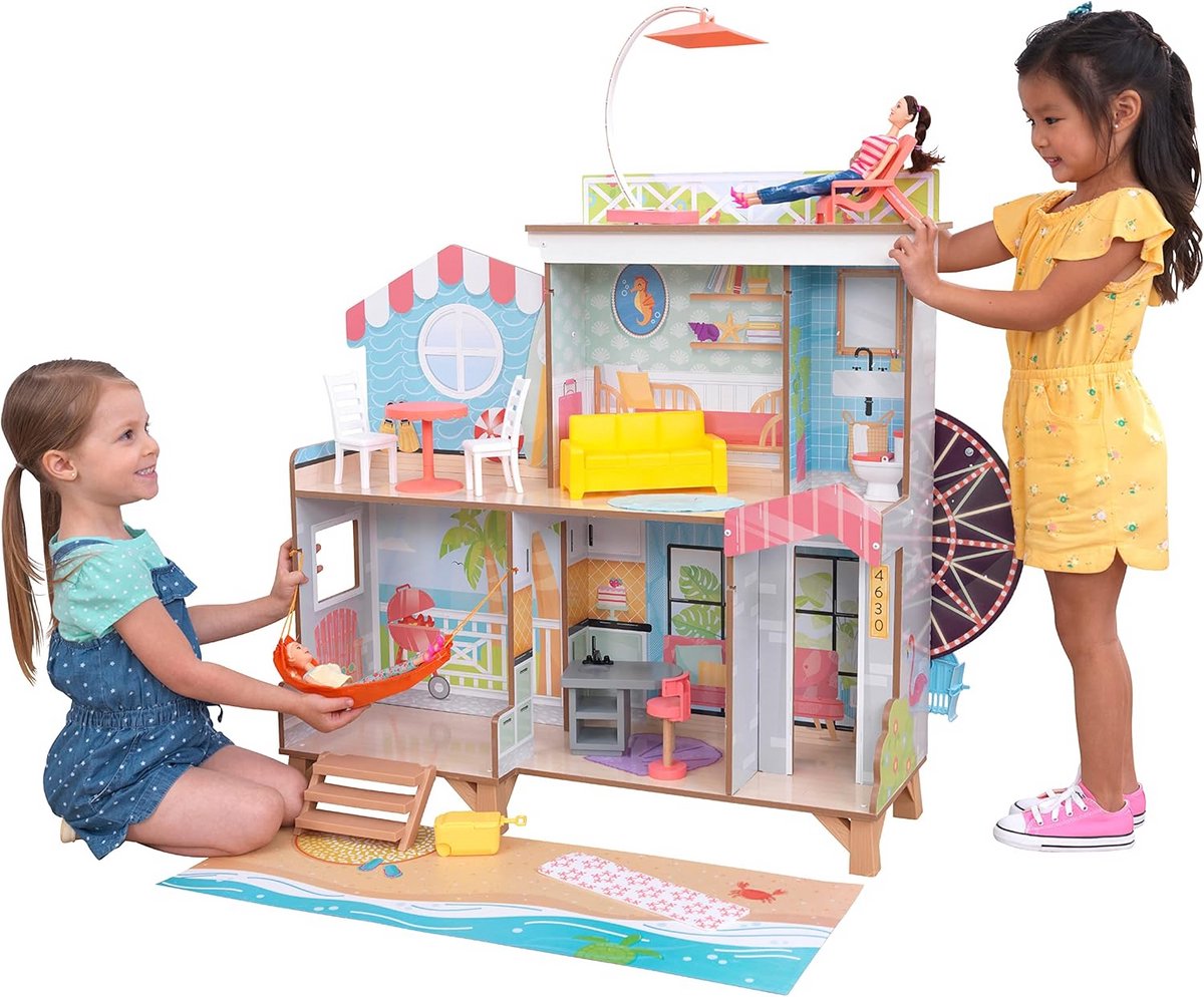 Houten Reuzenrad Speelset met Strandhuisje, Meubels en Accessoires voor Poppen van 30 cm