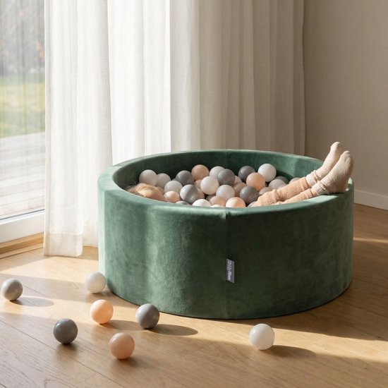 KiddyMoon piscine à balles ronde piscine à balles en velours 90x30cm/200 balles ∅ 7cm piscine à balles pour bébés, piscine de jeu pour tout-petits, fabriquée dans l'UE, vert forêt: turquoise foncé/beige pastel/rouge cuivre