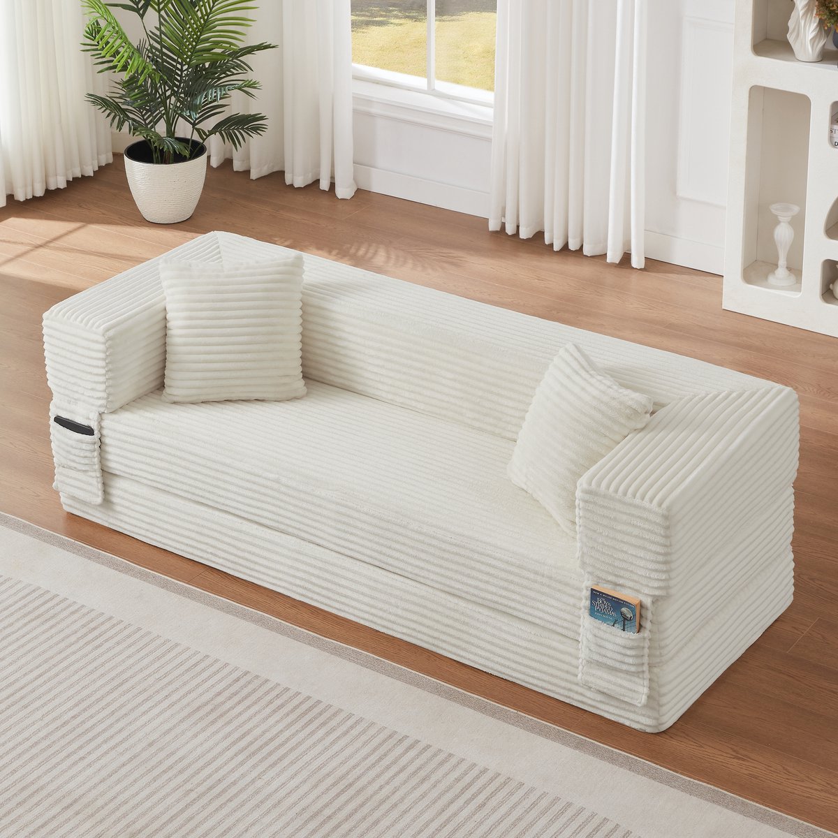 OKWISH Slaapbank - Omvormbaar Tot Klein Tweepersoonsbed - Klassiek Vierkant Design - Voor Woonkamer Of Appartement - Schuim - Wit