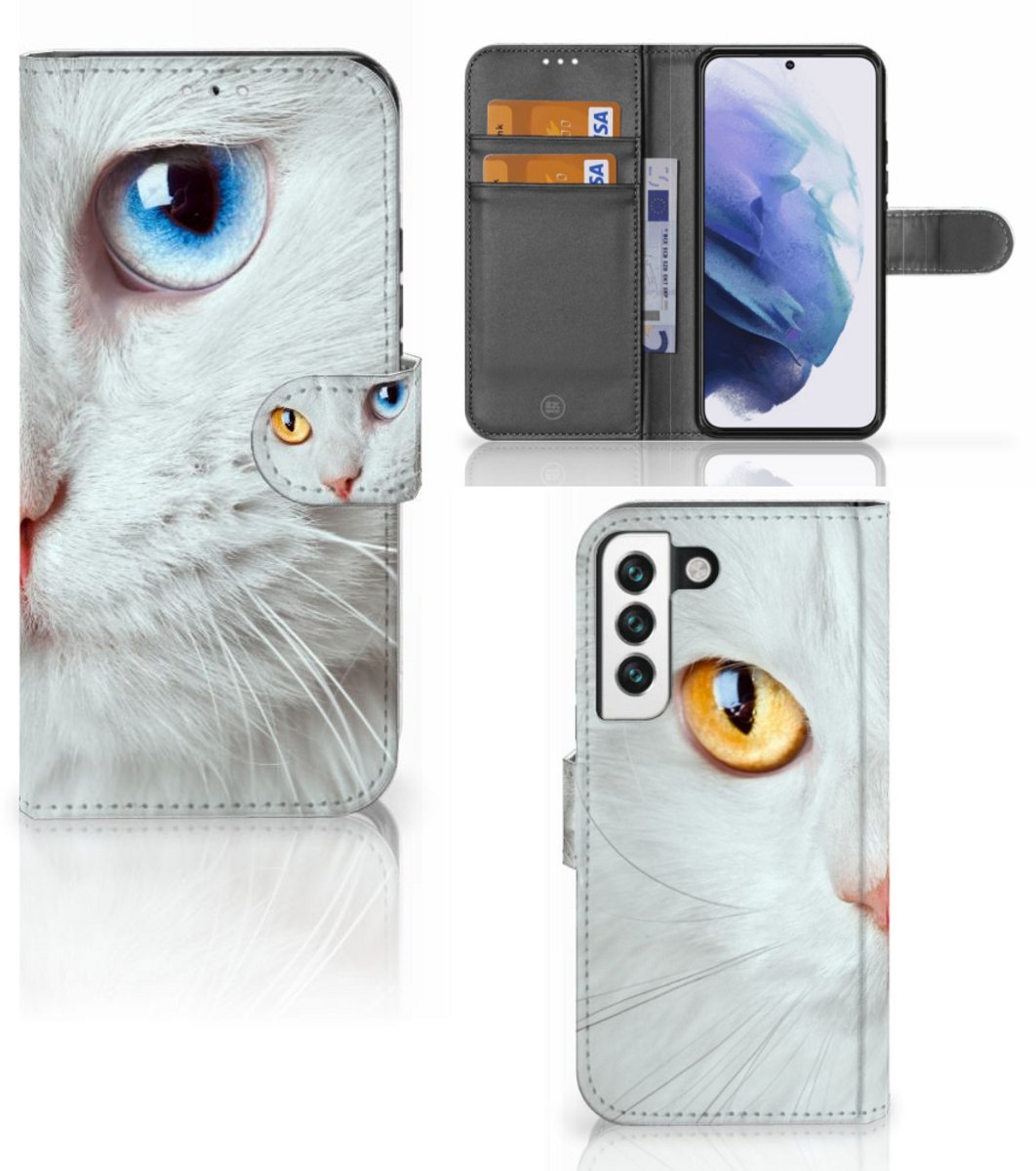 Samsung Galaxy S22 Telefoonhoesje met Pasjes Witte Kat