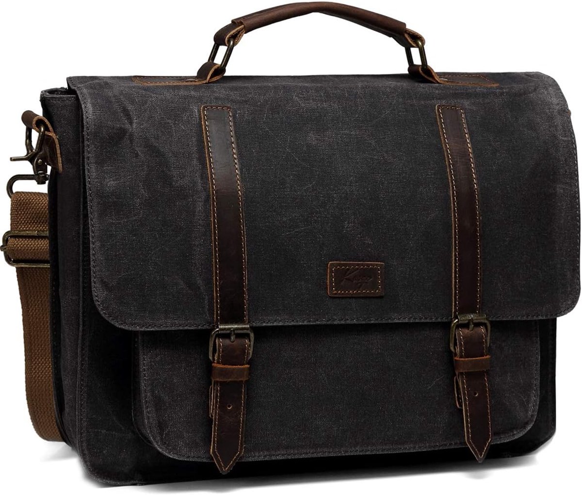Waterdichte Vintage Schoudertas voor 15,6 inch Laptop van Gewaxt Canvas en Leer