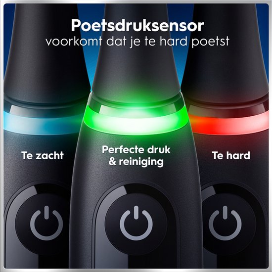 Close-up van de Oral-B iO tandenborstel met poetsdruksensor die blauw (te zacht), groen (perfect) en rood (te hard) aangeeft.