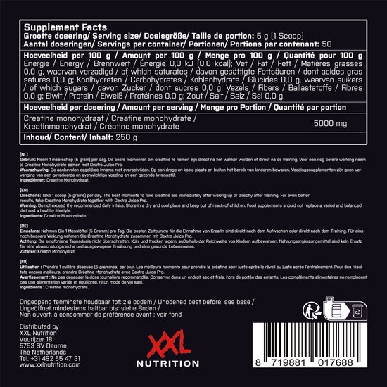 XXL Nutrition creatine monohydraat pot, 250g. Voedingssupplementen.