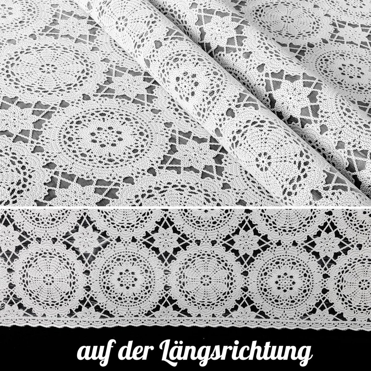 Afwasbaar tafelzeil van vinyl met gehaakt kant - 260 x 138 cm, wit, cirkels