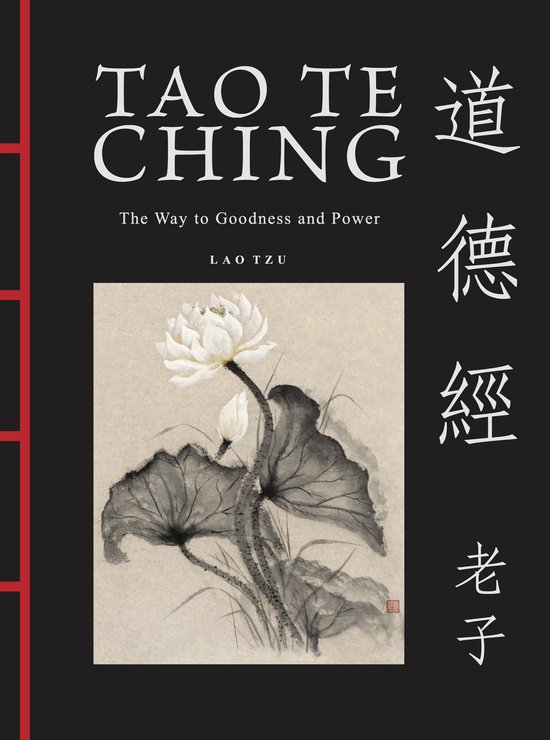 Boek kaft met de titel 'TAO TE CHING' en een aquarel van een witte lotusbloem met bladeren.