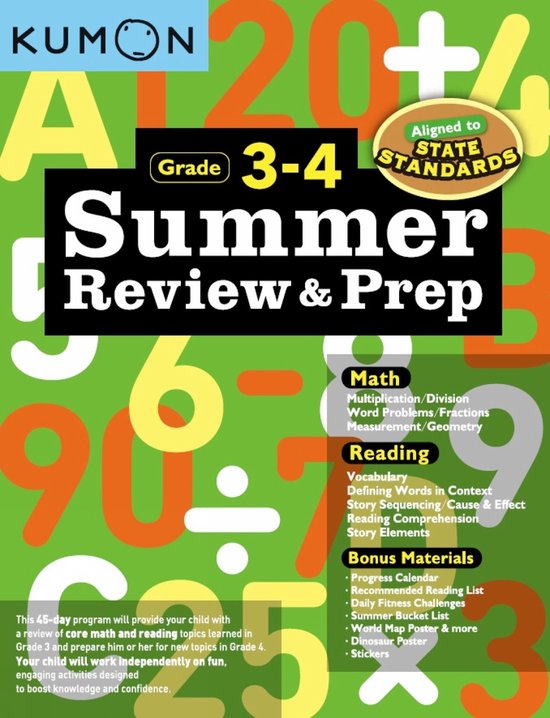 KUMON Zomer Oefenen & Voorbereiden, "Grade 3-4" "Summer Review & Prep", met "Aligned to STATE STANDARDS" en inhoudsopgave.