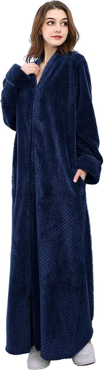 Warme dames fleece badjas met ritssluiting - Lange pluchen ochtendjas