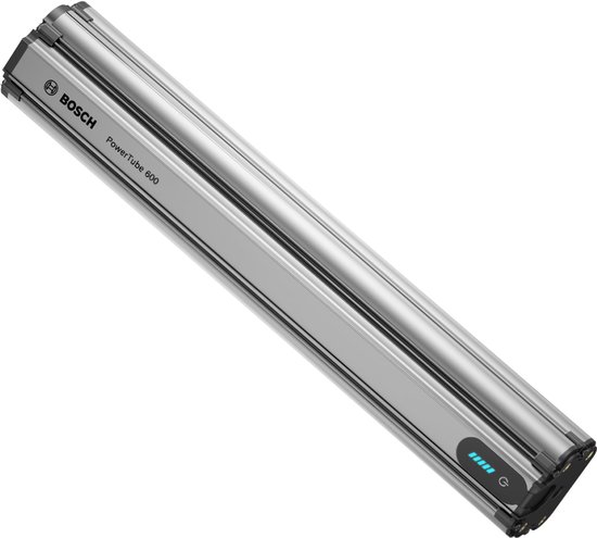 Bosch PowerTube 600 fietsaccu in zilverkleur, met aan/uit-knop en LED-indicator.