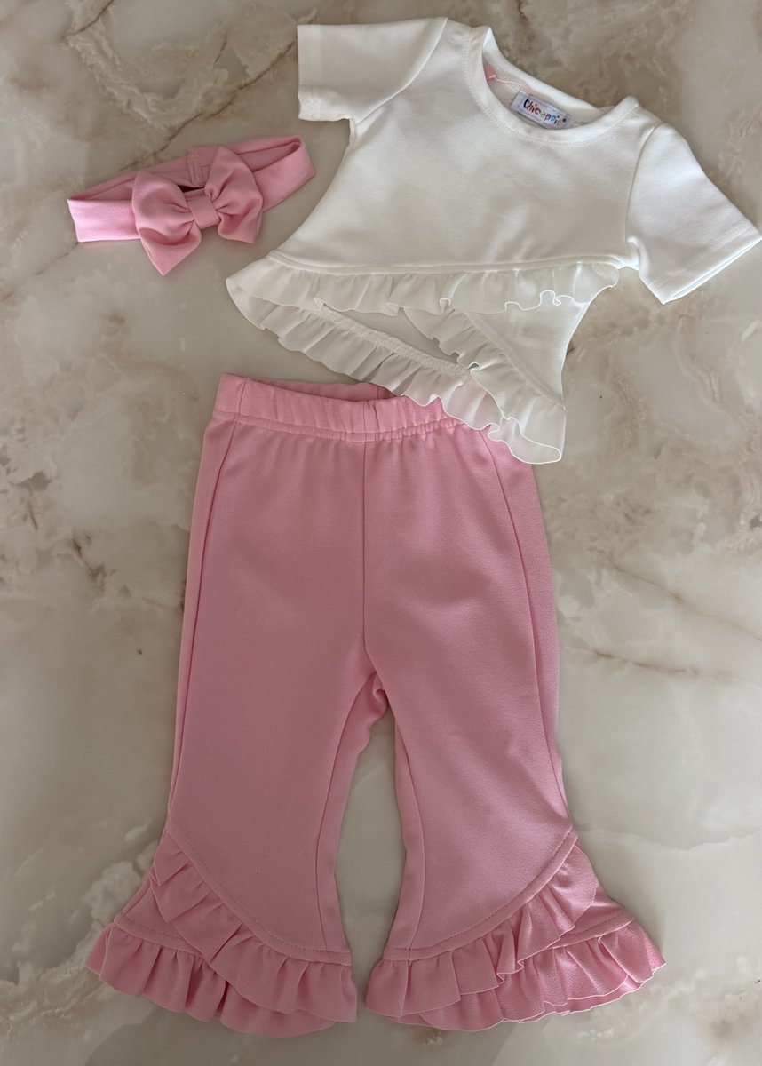 Baby meisjes 3 delige set met ruffles "Roze", verkrijgbaar in de maten 68 t/m 104