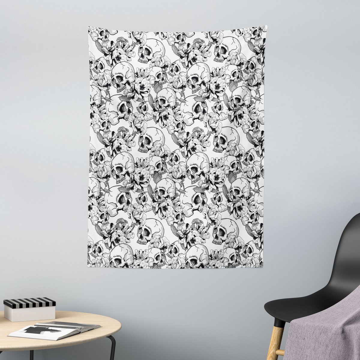 ABAKUHAUS Feestwandtapijt, Schets van een schedel, 110 x 150 cm, Zwart-wit