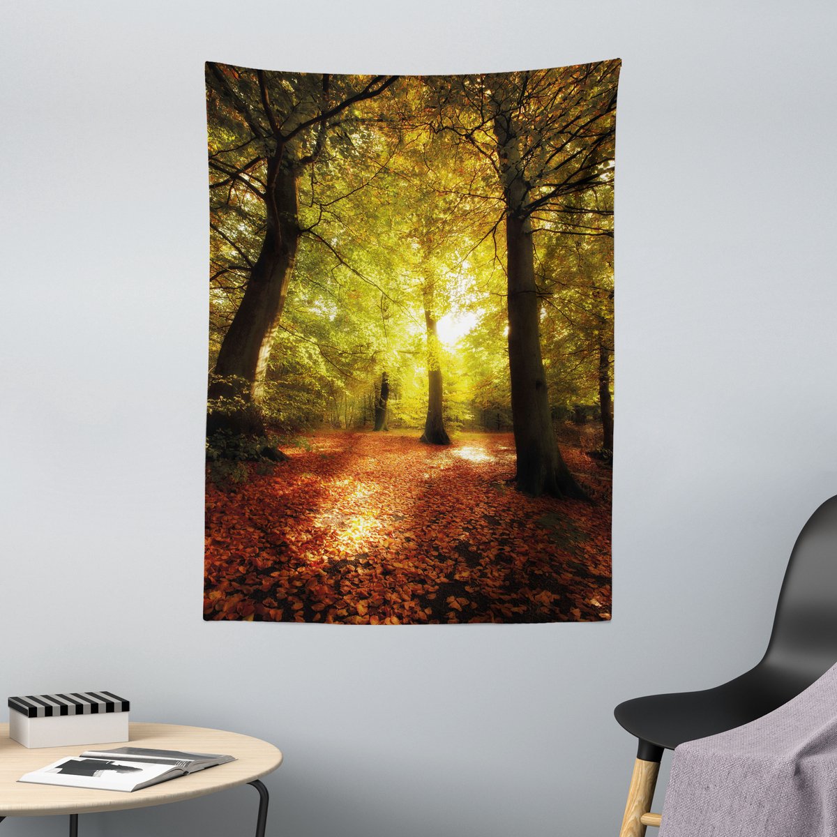 ABAKUHAUS Wandtapijt en Sprei, Dromerig Boszicht met Wazige Vervaging, 110 x 150 cm, Bruin Lichtgroen, rood, bruin