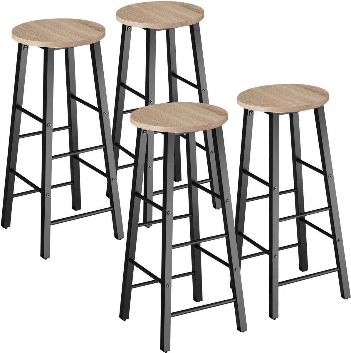 Tectake Barkruk - Ronde Bistrokruk - Set van 4 - Barkrukken - Vintage Barstoel met Voetsteun - Zitting van MDF-hout - Industrieel design - Eetkamerstoelen - Barstoelen - Draagkracht kruk 120 kg - Afmeting (LxBxH) 31 x 31 x 72,5 cm - Lichtbruin