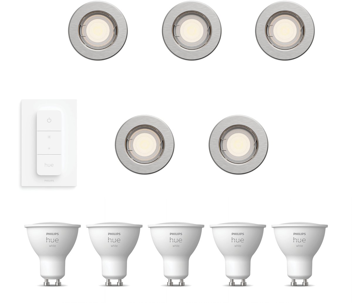 Philips Hue Peridot Set van 5 Inbouwspots (Nikkel) - Rond - Niet Richtbaar - GU10 - Warmwit Licht - Incl. Hue Dimmer Switch - Hue White
