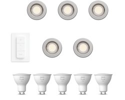 Philips Hue Peridot Set van 5 Inbouwspots (Nikkel) – Rond – Niet Richtbaar – GU10 – Warmwit Licht – Incl. Hue Dimmer Switch – Hue White
