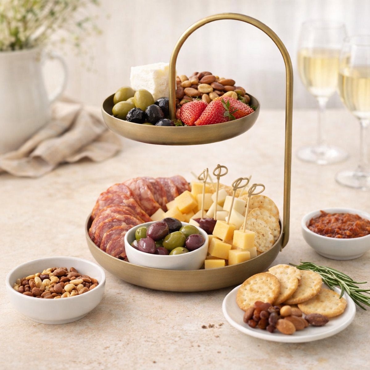 Etagère – 2 laags – H40cm – Serveertoren – Serveerset – Fruitschaal – Goud – Metaal
