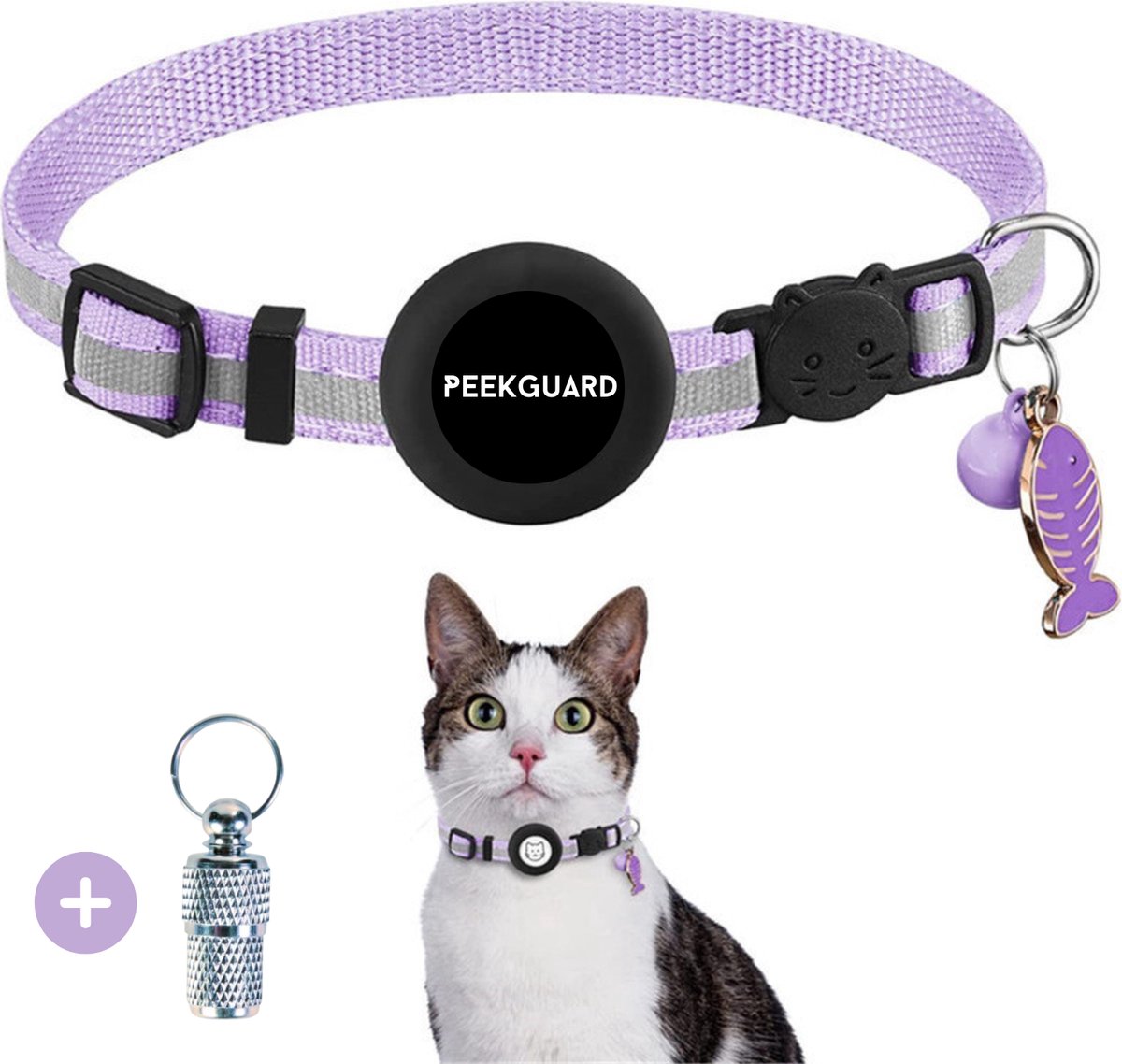 PEEKGUARD® Halsband voor katten - Kattenhalsband geschikt voor Apple AirTag - Kattenbandje Reflecterend en Comfortabel - Veiligheidssluiting en Waterbestendig - Halsband Kat Incl. Adreskoker - Magenta Paars