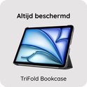 Een donkergrijze TriFold bookcase tablethoes staat in de kijkstand met een abstract scherm.