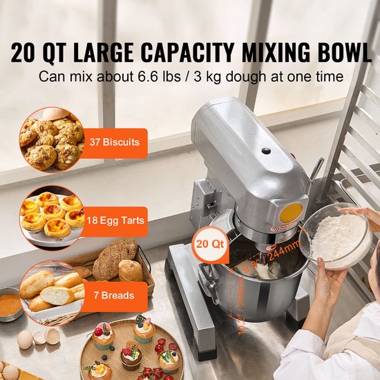 Commerciële Standmixer 20 Qt - 18,7 Liter RVS Kom - 1100W - 3 Snelheden - Deeghaak - Platte Klopper - Draadgarde - Automatische Beveiliging - Keukenmixer voor Horeca Bakkerij van Merkloos — afbeelding 3