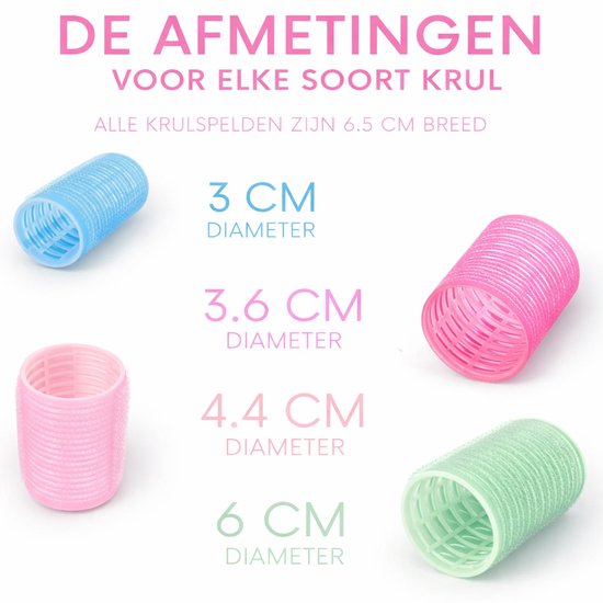 Blauwe, roze en groene krulspelden met afmetingen: 3 cm, 3.6 cm, 4.4 cm, 6 cm diameter.