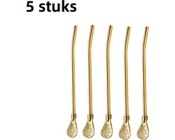 Set van 5 - Filterrietjes/schepjes - Roestvrij staal - Afneembaar - Met roerlepel - Voor het roeren van yerba mate en bessen - Met zeef - 18,5 cm - Goud