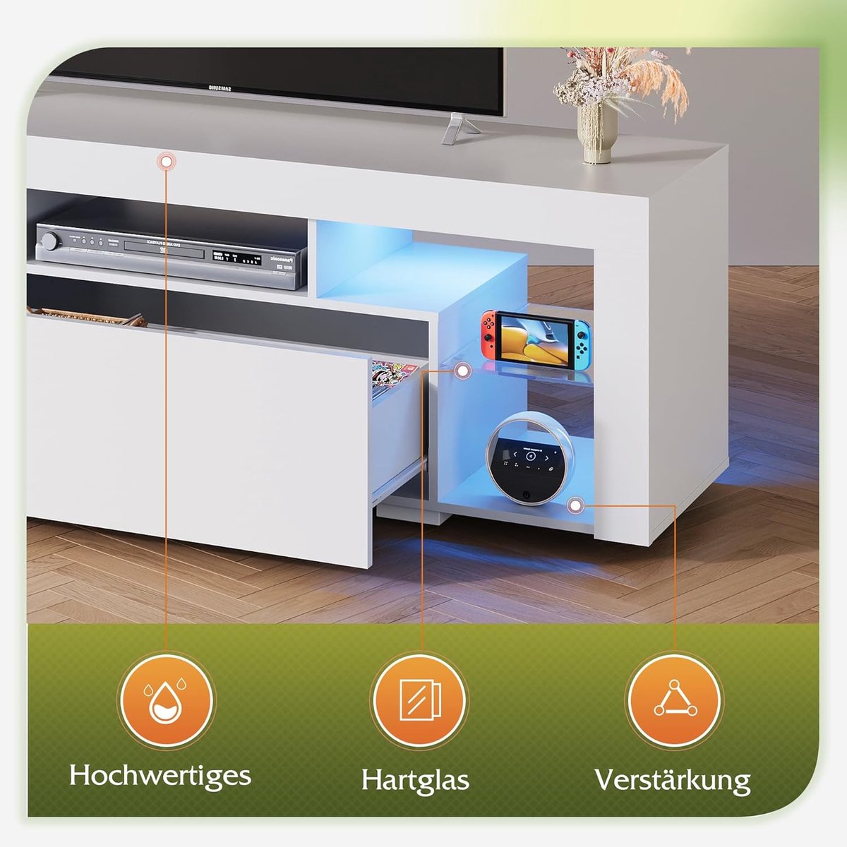 TV-meubel met RGB LED-verlichting – Urbanhome Lumina Glow Lowboard – 160 cm – Wit – Televisiekast met Laden en Open Planken – Modern TV-meubel voor Woonkamer en Slaapkamer