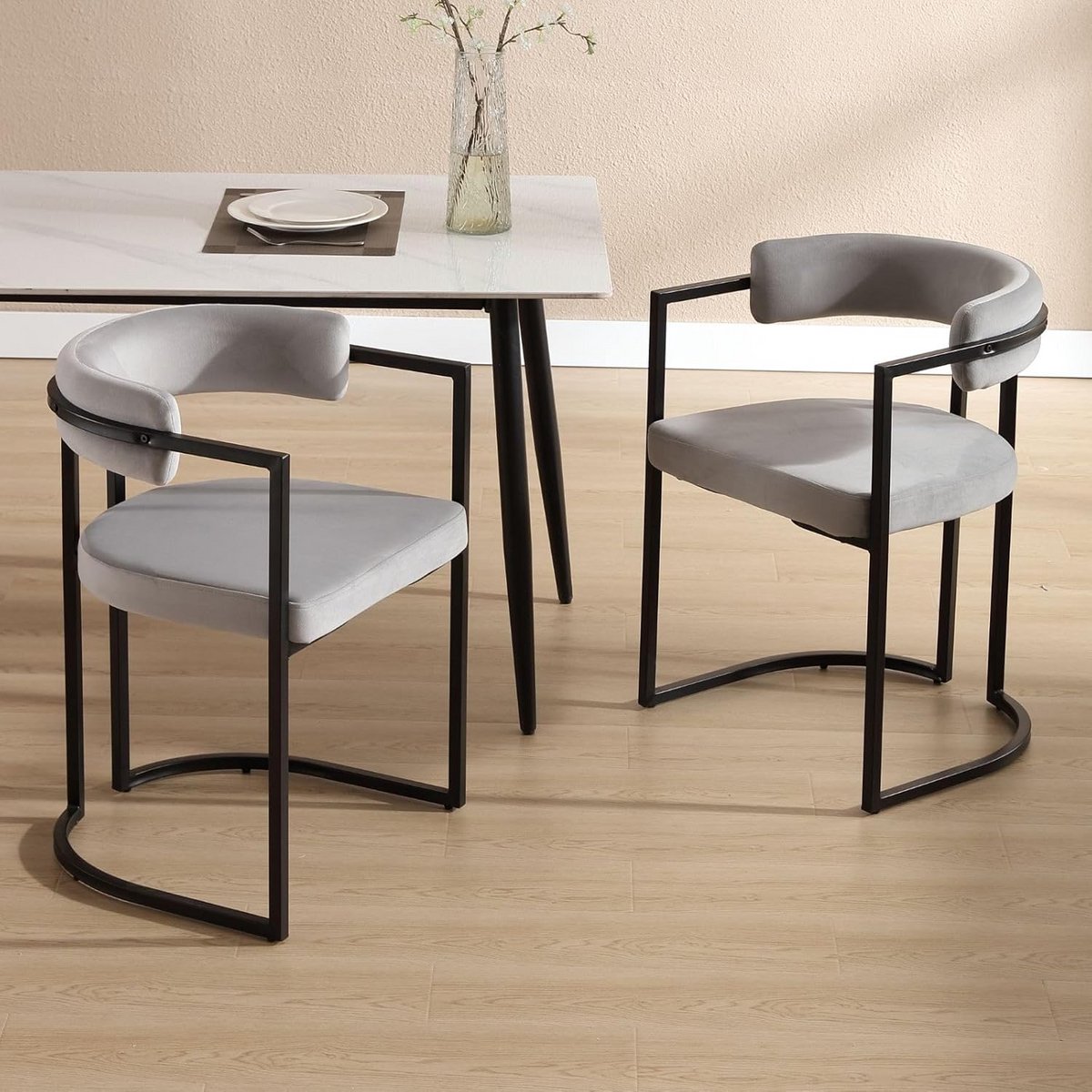 Set van 2 Eetkamerstoelen Fluweel met Metalen Frame en Armleuningen - Comfortabele Keukens