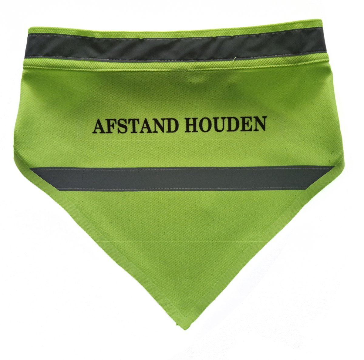 Gele bandana met tekst “AFSTAND HOUDEN” voor hond voorzien van fluorescerende strepen