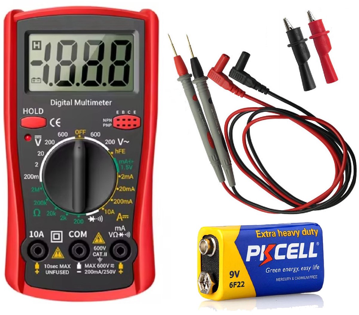 Digitale Multimeter - AC / DC - Transistor tester - Incl. 9V Batterij & meetsnoeren - Multi Meter - Rood