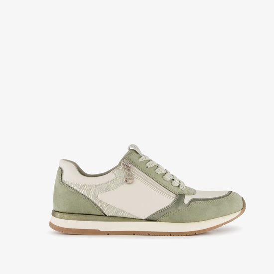 Groene en witte Tamaris sneaker, met veters en ritssluiting met gouden detail.
