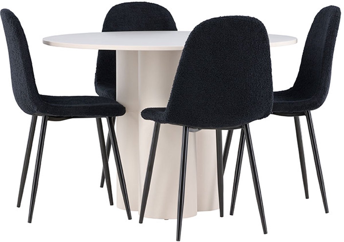 Olivia eethoek tafel Ø110cm en 4 teddy stoelen beige.