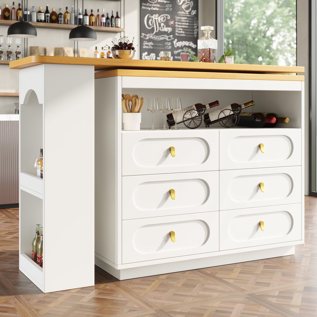 OKWISH Bartafel - Uitschuifbaar 137-203 Cm - 360 Graden Draaiplateau - 6 Lades En Snackrek - MDF Wit - Voor Keuken Woonkamer
