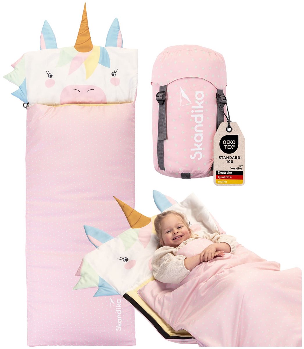 Skandika kinderslaapzak Soti - Camping slaapzak voor kinderen tot 150 cm, kleurrijk design vos / eenhoorn / dino / leeuw, met katoen, machinewasbaar | Kinderslaapzakken, deken-slaapzak